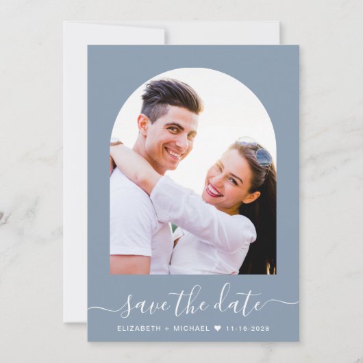 Elegante Script Arch Foto Dusty Blue Wedding Save The Date (Voorkant)