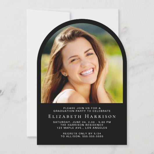 Elegante Script Arch Photo Black Graduation Party Kaart (Achterkant)