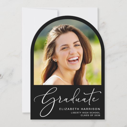 Elegante Script Arch Photo Black Graduation Party Kaart (Voorkant)