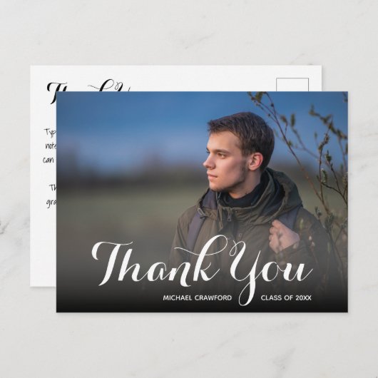 Elegante Script Bedankje Foto Afstuderen Briefkaart (Voorkant / Achterkant)