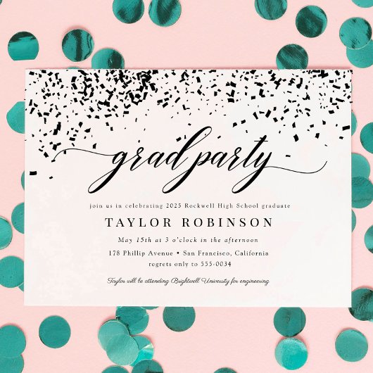 Elegante Script Black Confetti Afstudeerfeest Kaart