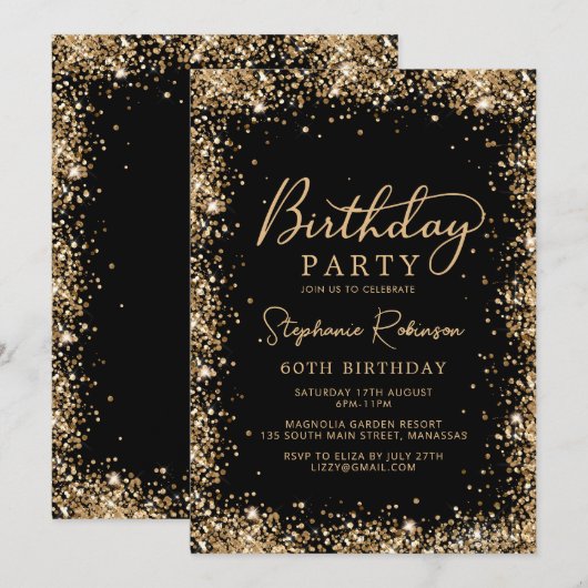 Elegante Script Black Goud Glitter 60e Verjaardag  Kaart (Voorkant / Achterkant)