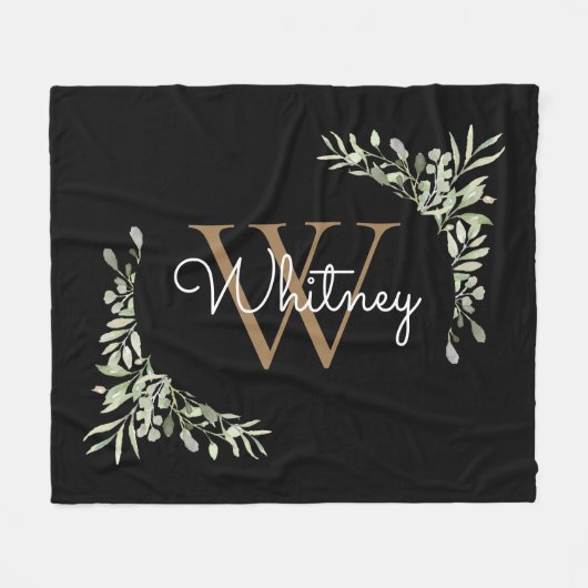 Elegante Script Black Goud Monogram Groenelementen Fleece Deken (Voorkant (Horizontaal))