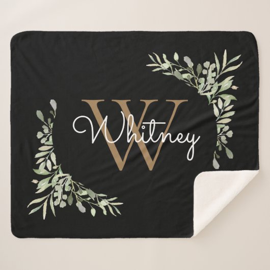 Elegante Script Black Goud Monogram Groenelementen Sherpa Deken (Voorkant (horizontaal))