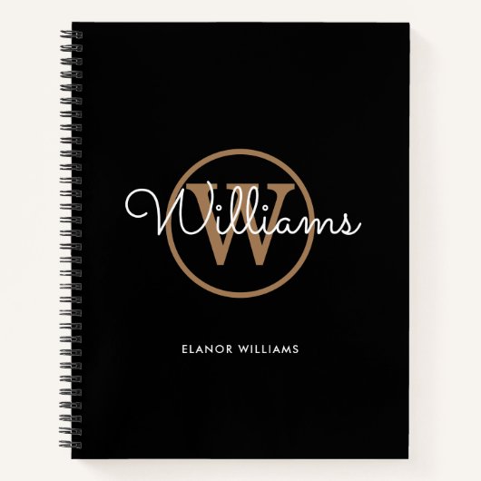 Elegante Script Black Goud Monogram Naam Notitiebo Notitieboek (Voorkant)