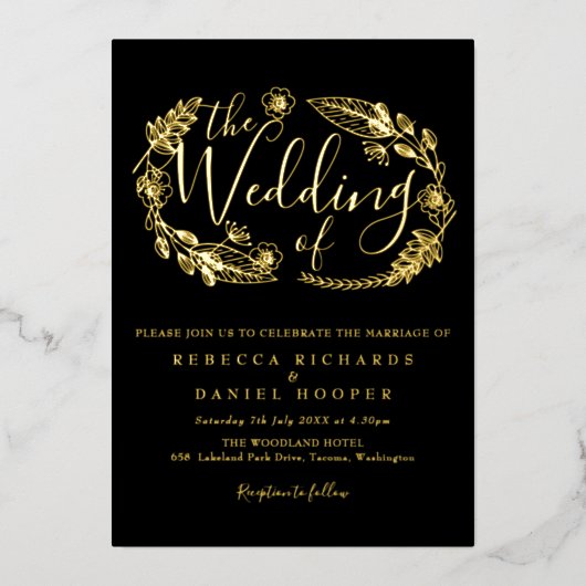 Elegante Script Blad Bruiloft Zwart En Goud Folie Uitnodiging (Voorkant)