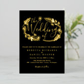 Elegante Script Blad Bruiloft Zwart En Goud Folie Uitnodiging (Staand Voorkant)