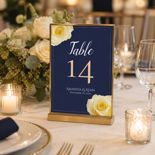 Elegante Script Blauwe Gele Roos Bloemige Trouw Kaart
