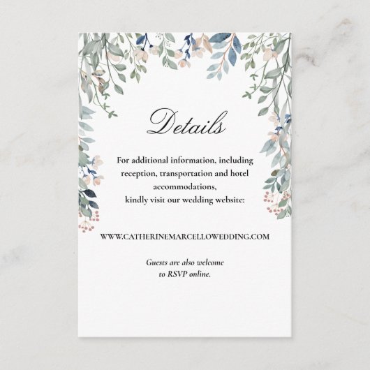 Elegante script bloemcascade trouwdetails informatiekaartje (Voorkant)