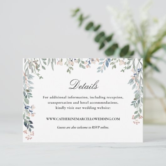 Elegante script bloemencascade bruiloft details informatiekaartje (Staand voorkant)