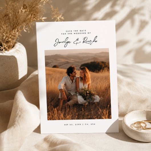 Elegante Script Boho Foto Budget Save the Date