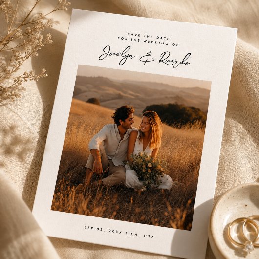 Elegante Script Boho Foto Budget Save the Date