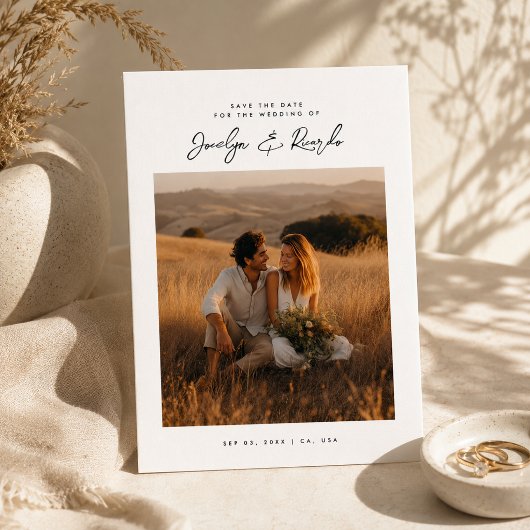 Elegante Script Boho Foto Budget Save the Date