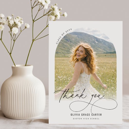 Elegante Script Boog Foto Afstudeer Dankjewel Briefkaart
