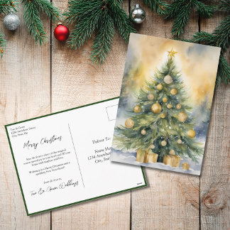 Elegante Script Boom Niet-Foto Waterverf Kerstmis Feestdagenkaart