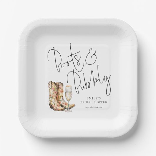 Elegante Script Boots en Bubbly Vrijgezellenfeest Papieren Bordje (Voorkant)