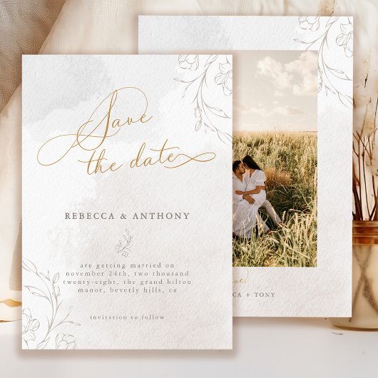 Elegante script botanische trouwkaart met foto save the date