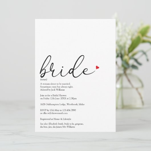 Elegante Script Bruid Definitie Bruiloft Feest Kaart (Staand voorkant)