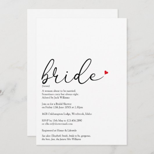 Elegante Script Bruid Definitie Bruiloft Feest Kaart (Voorkant / Achterkant)