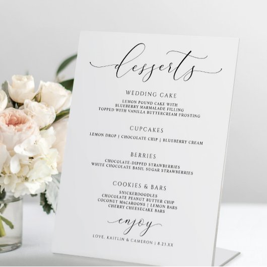 Elegante Script Bruiloft Dessert Bar Menu Reclamebord Met Voetstuk
