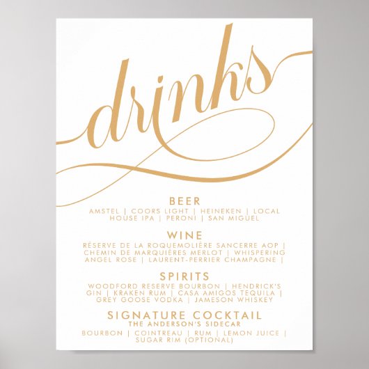 Elegante Script Bruiloft Dranken Gouden Bar Menu Poster (Voorkant)