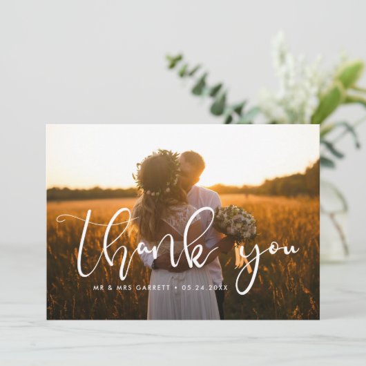 Elegante script bruiloft foto dank u kaart (Staand voorkant)