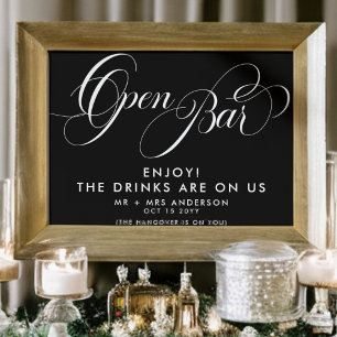 Elegante script bruiloft open bar drankkaart zwart poster