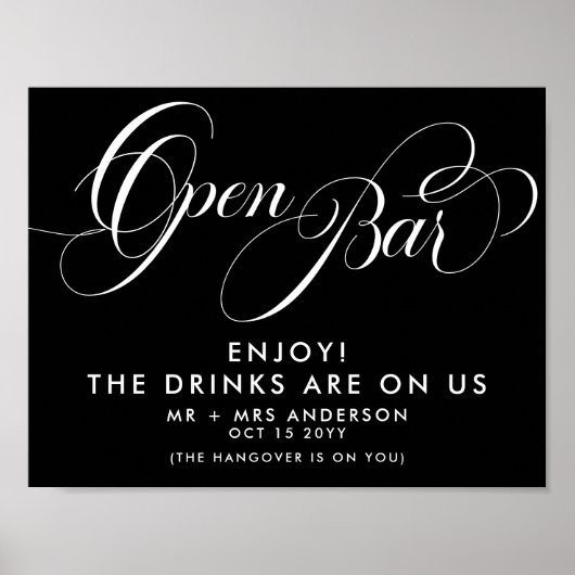 Elegante Script Bruiloft Open Bar Drankkaart Zwart Poster (Voorkant)