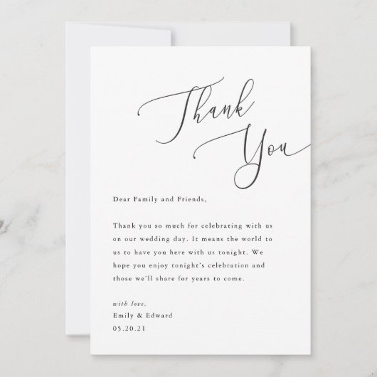 Elegante script bruiloft plaats instelling dank je bedankkaart (Voorkant)