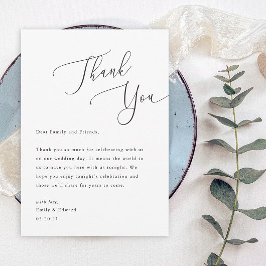 Elegante script bruiloft plaatsing dank je bedankkaart