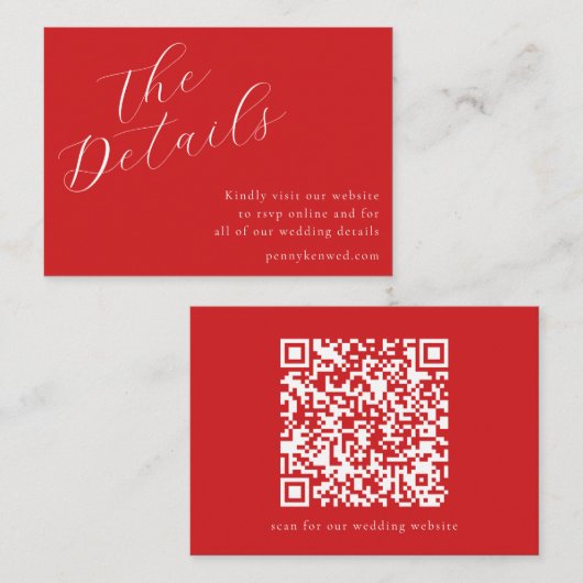 Elegante script bruiloft website QR code rood Informatiekaartje (Voorkant / Achterkant)