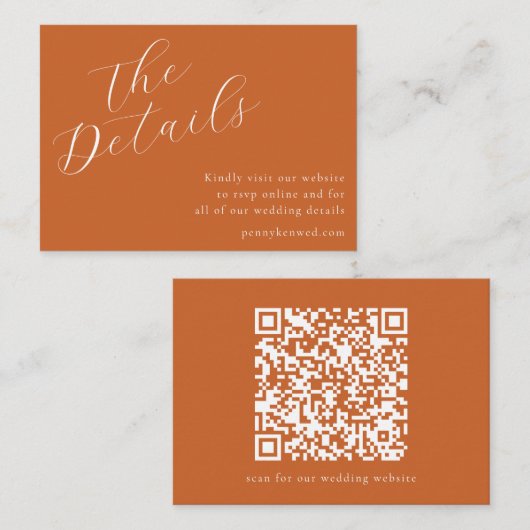 Elegante script bruiloft website QR Code Terracott Informatiekaartje (Voorkant / Achterkant)