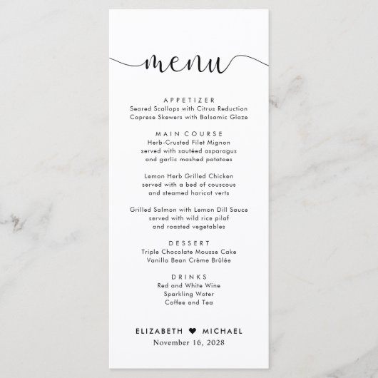 Elegante Script Bruiloftsreceptie Menu (Voorkant)