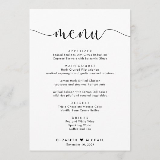 Elegante Script Bruiloftsreceptie Menu (Voorkant)