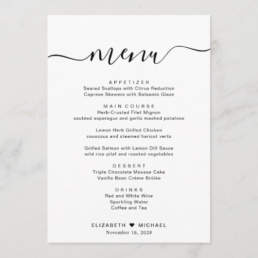 Elegante Script Bruiloftsreceptie Menu (Voorkant)