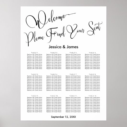 Elegante script bruiloftsreceptie zitplaatsenkaart poster (Voorkant)