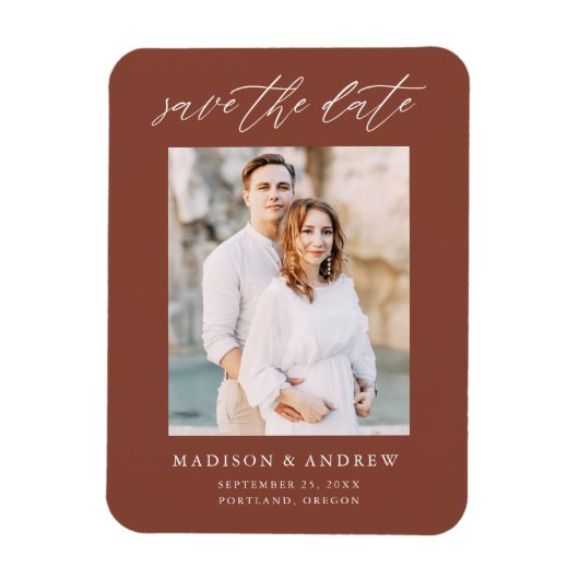Elegante Script Bruine Foto Save The Date Magneet (Verticaal)