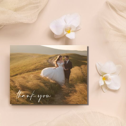 Elegante Script Budget Foto Huwelijk Bedankt Briefkaart