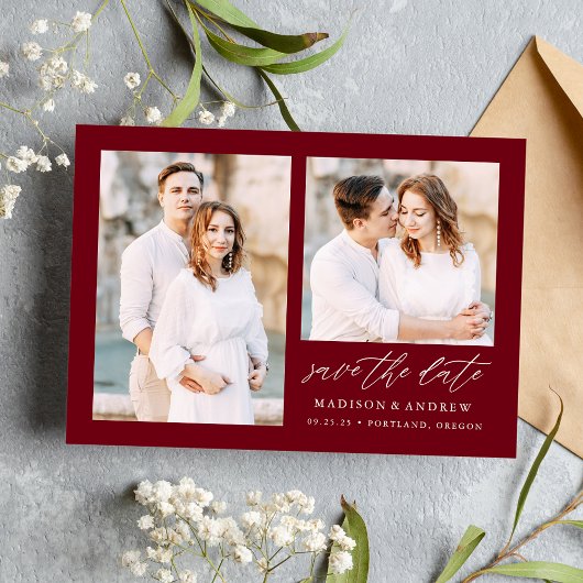 Elegante Script Burgundy 2 Foto Save The Date