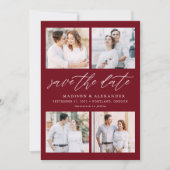Elegante Script Burgundy 4 Foto Collage Save The Date (Voorkant)