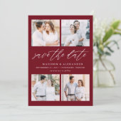 Elegante Script Burgundy 4 Foto Collage Save The Date (Staand voorkant)