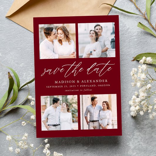 Elegante Script Burgundy 4 Foto Collage Save The Date