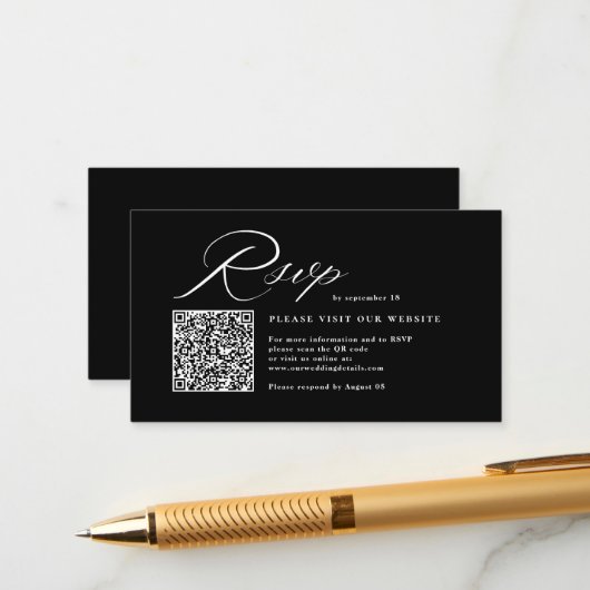 Elegante Script Calligrafie & QR Code Huwelijks RS Informatiekaartje (Voorkant / Achterkant in situ)