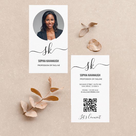 Elegante Script Calligrafie QR Code Monogram Foto Visitekaartje