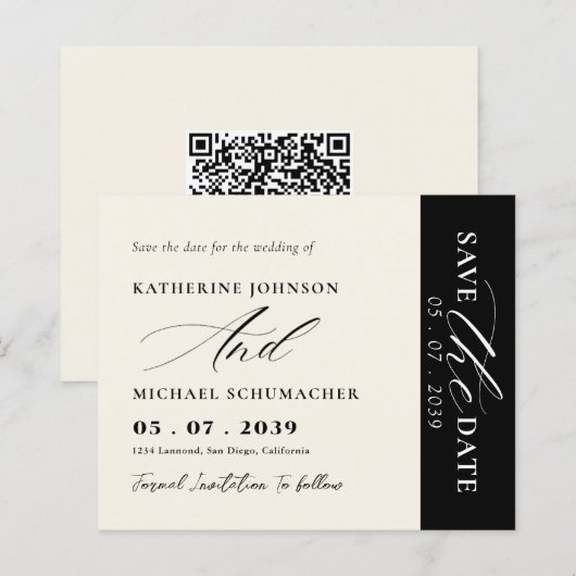 Elegante script calligrafie & QR-code save the dat (Voorkant / Achterkant)