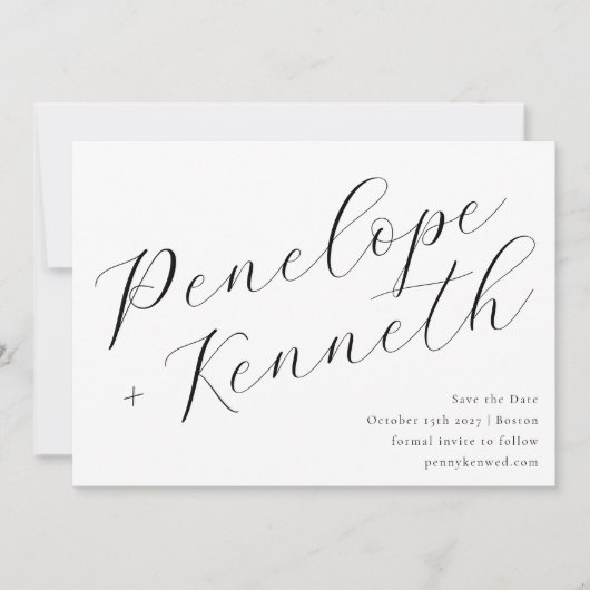 Elegante Script Calligrafie Stijlvolle Witte Bruil Save The Date (Voorkant)