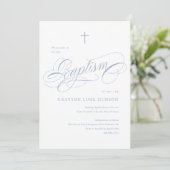Elegante Script Calligrafie Stof Blauw Jongens Doo Kaart (Staand voorkant)