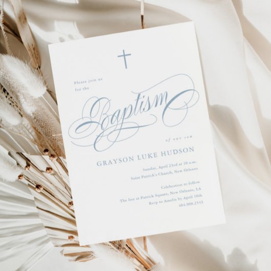 Elegante Script Calligrafie Stof Blauw Jongens Doo Kaart