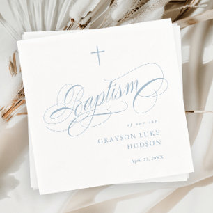 Elegante Script Calligrafie Stofblauw Jongens Doop Servet