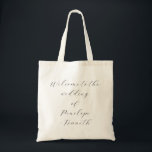 Elegante Script Calligraphy Wedding Custom Welkom Tote Bag<br><div class="desc">Verwelkom uw gasten in stijl met deze Elegant Script Calligraphy Wedding Custom Welcome Canvas tas, ontworpen om een persoonlijk tintje aan uw speciale dag toe te voegen. Met sierlijke, vloeiende script kalligrafie, deze canvas tas is ideaal voor bruiloft welkomstgeschenken, bruids partij gunsten, of als een doordachte aandenken voor uw out-of-town...</div>